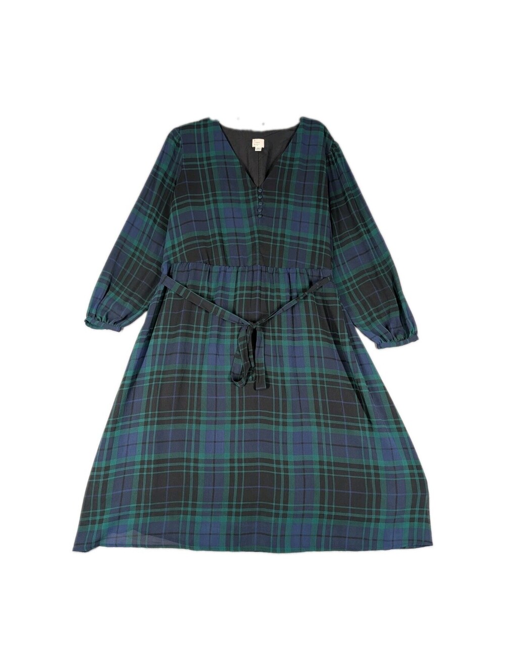 A New Day Womens XL Green Blue Plaid Midi Dress Belted Cottagecore Preppy Chic